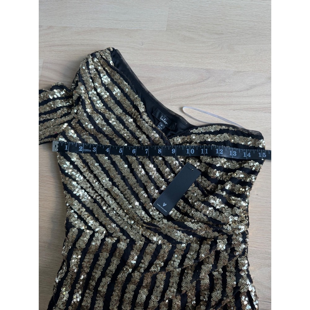 Lulus Gold Black Sequin One Shoulder Midi Dress Stripe Long Sleeve M NEW - Picture 14 of 16